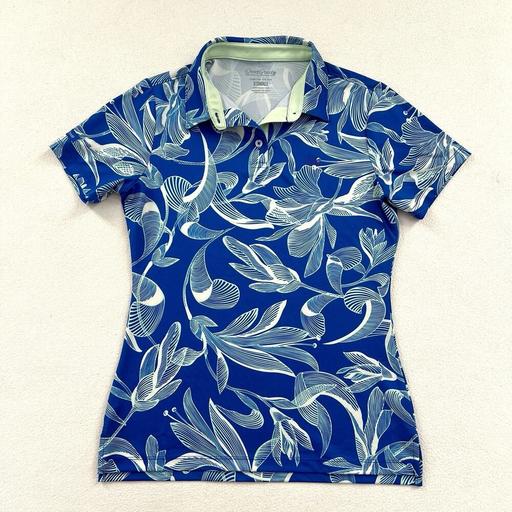 Good Good Golf Women Blue Lush Leaves Floral Print Performance Polo Shirt XS